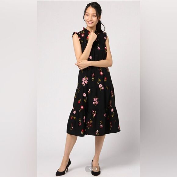 kate spade L Ma Cherie In Bloom Black Floral Smocked Waist Tiered A Line Dress - Picture 15 of 16